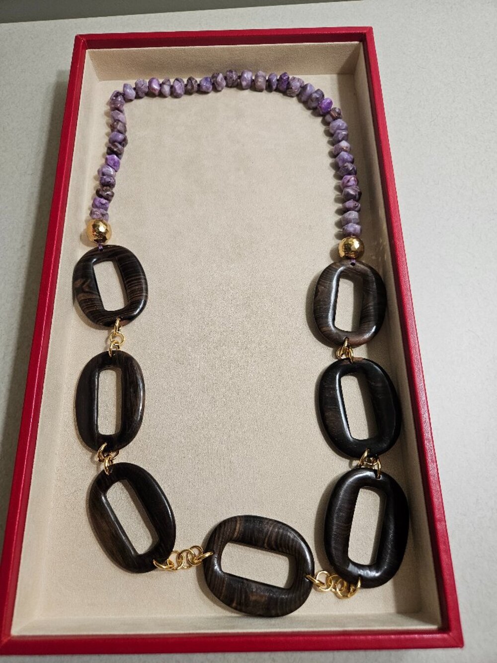 Nest Jewelry Purple Agate Wood Link Long Statement Necklace